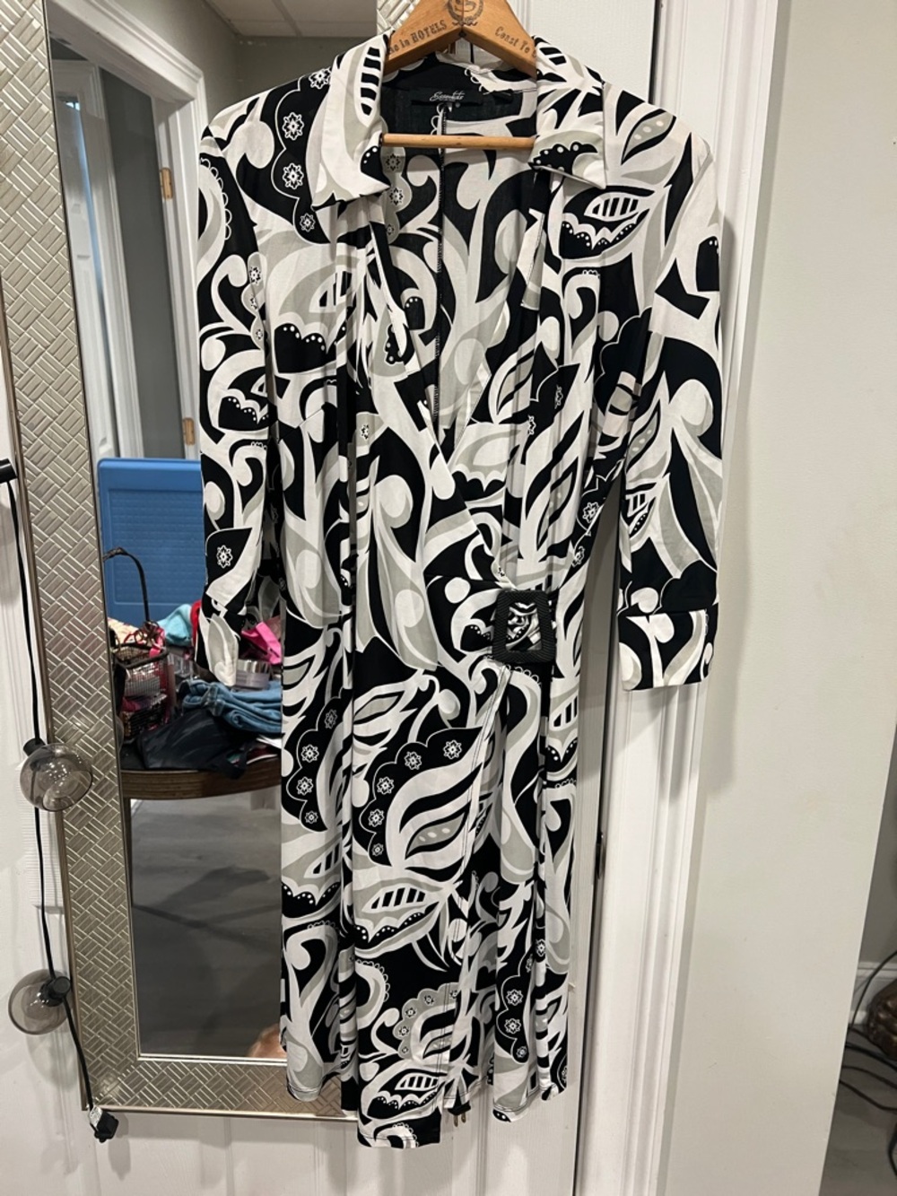 Essentials Black & White Abstract Print Wrap Dress